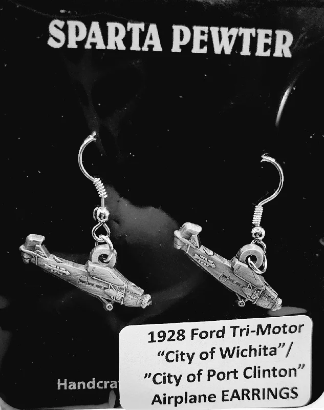 Best hoop earrings with marbled designs for a trendy and artistic effect-Ford Tri-Motor "City of Wichita"/"City of Port Clinton" Pewter Earrings