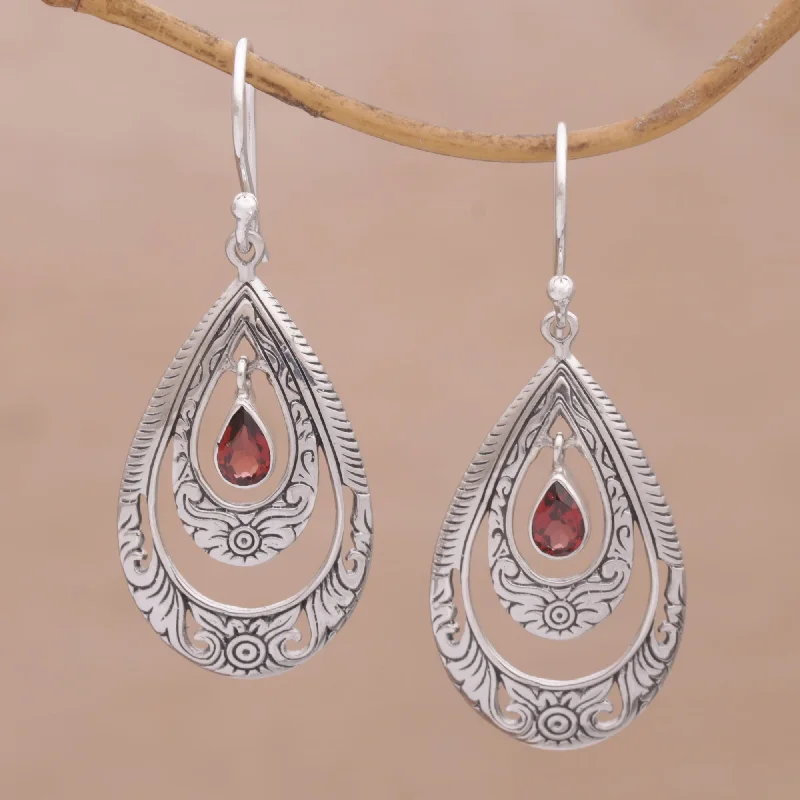 Hoop earrings with braided patterns for a detailed and textured finish-Gift of Flowers in Red Artisan Handmade Garnet 925 Sterling Silver Earrings