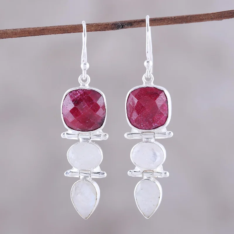 Hoop earrings with infinity loop designs for a continuous and eternal shape-Glittering Muse Ruby and Rainbow Moonstone Dangle Earrings from India