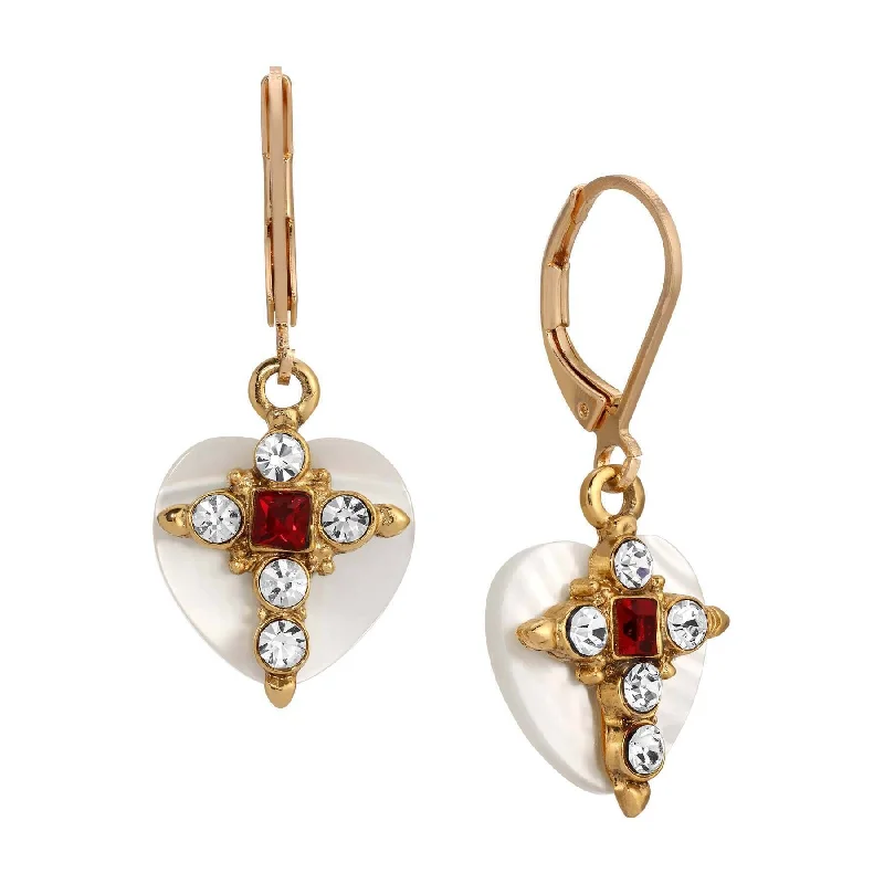 Small hoop earrings for a delicate and understated everyday wear-Symbols Of Faith Mother Of Pearl Hearts & Crystals Cross Earrings