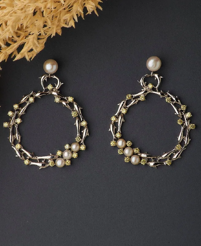 Hoop earrings with open designs for a modern, lighthearted vibe-Impressive Rhodium Pearl Studded Hanging Earring