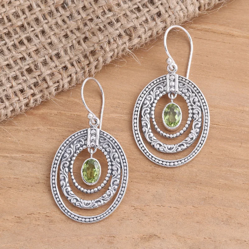 Best hoop earrings with hammered gold for a rustic yet elegant look-Inner Circles in Green Concentric Circle Peridot Earrings Balinese Motif