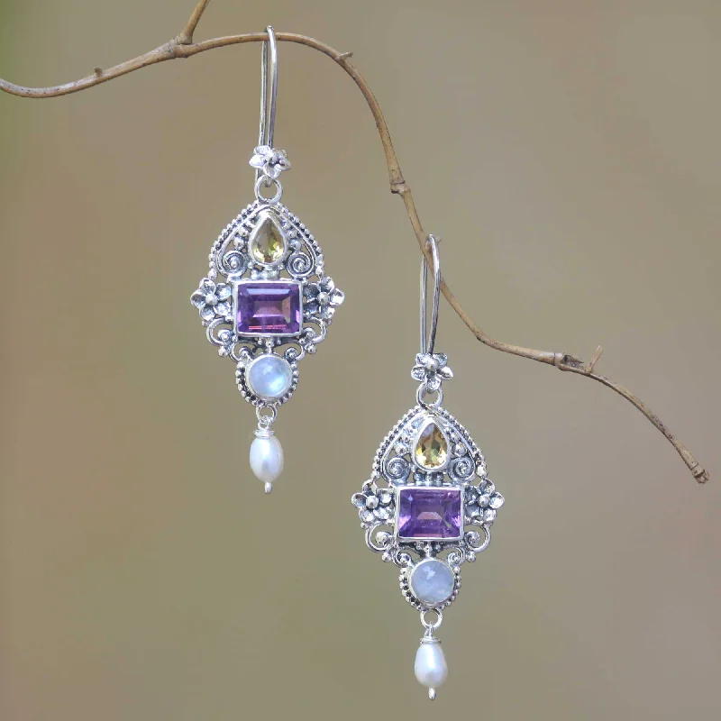 Hoop earrings with rhinestone embellishments for a glamorous and sparkling look-Intricate Beauty Multi-Gemstone and Ornate Sterling Silver Dangle Earrings