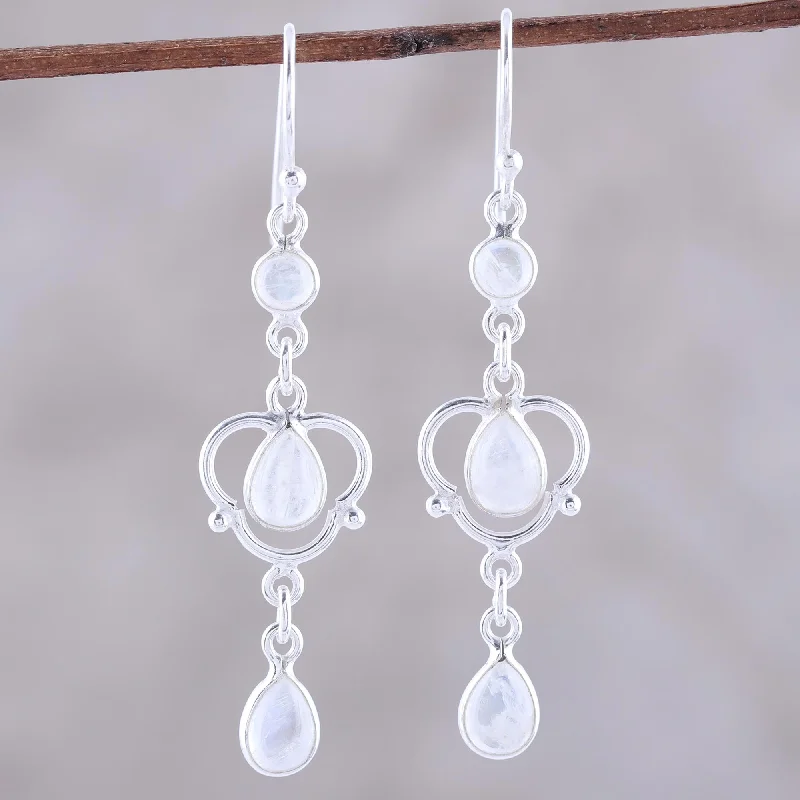 Hoop earrings with oversized pearl accents for a statement-making look-Iridescent Rain Sterling Silver and Rainbow Moonstone Dangle Earrings