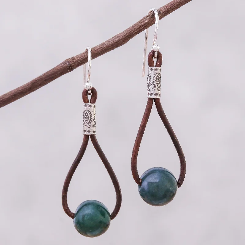 Best hoop earrings with satin ribbons for a soft, feminine appearance-Karen Culture Hill Tribe Green Agate and Leather Dangle Earrings