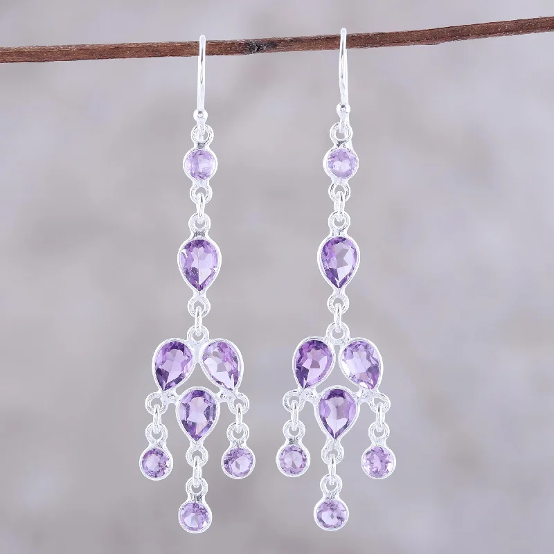 Best hoop earrings with geometric cuts for a sharp, modern appeal-Leafy Adornment Sterling Silver and Purple Amethyst Chandelier Earrings