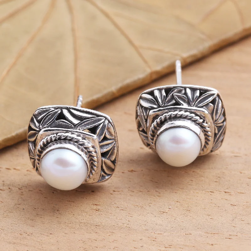 Best hoop earrings with custom engravings for a personalized and meaningful gift-Leaves of Bamboo in White Cultured Pearl and Sterling Silver Button Earrings