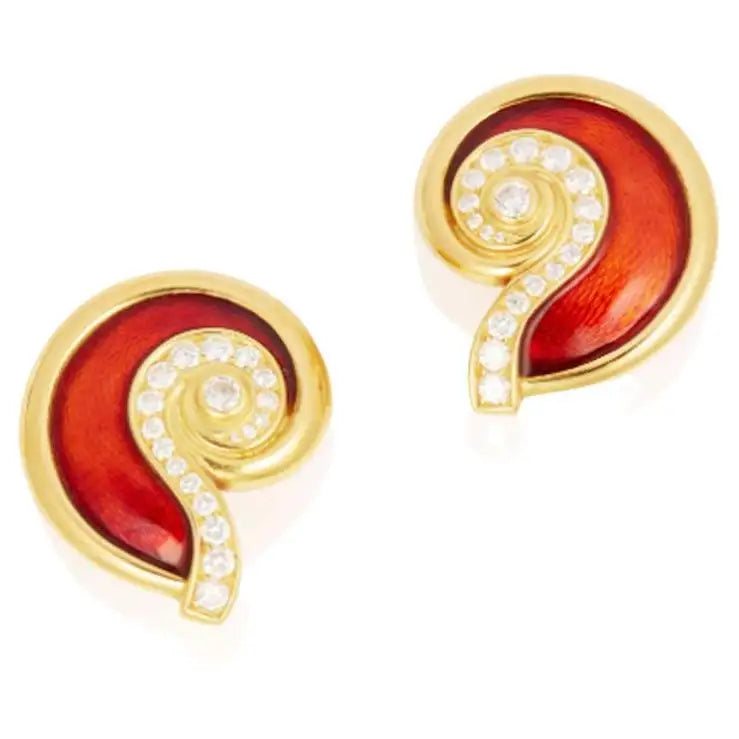 Hoop earrings with stacked layers for a bold and textured design-Leo De Vroomen Diamond and Guilloché Red Enamel Earrings in 18k