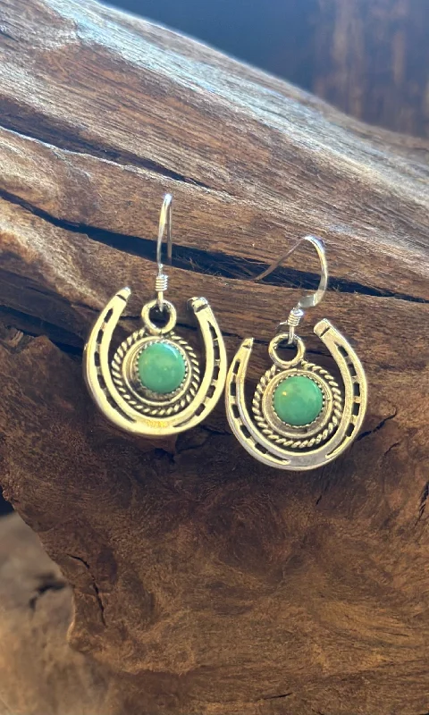 Best hoop earrings with matte finish for a sophisticated, understated design-LUCKY HORSESHOE Running Bear RB Silver and Turquoise Navajo Earrings