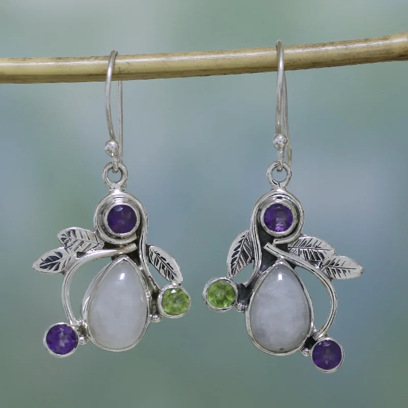 Hoop earrings with faceted crystals for added sparkle and shine-Luminous Beauty Rainbow Moonstone, Amethyst and Peridot Earrings from India