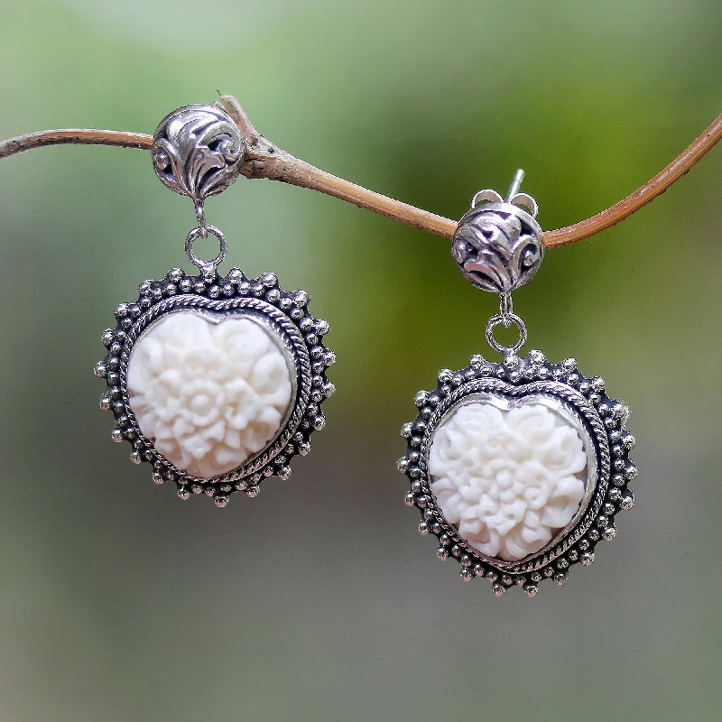 Best hoop earrings with textured silver for a rustic and organic finish-Luminous Petals Floral Sterling Silver and Bone Dangle Earrings from Bali