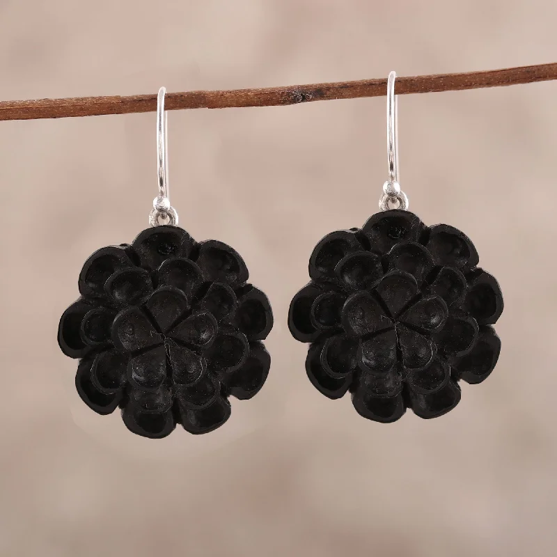 Best hoop earrings with twisted rope designs for a nautical-inspired style-Marigold Shadow Hand-Carved Ebony Wood Marigold Dangle Earrings from India