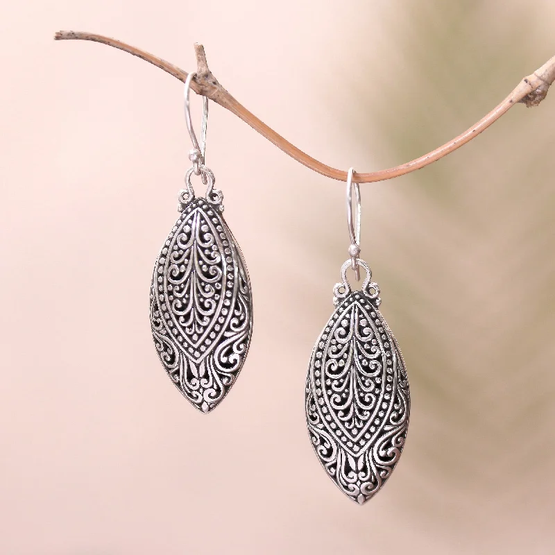 Best hoop earrings with geometric cuts for a sharp, modern appeal-Marquise Antiquity Swirl Pattern Sterling Silver Dangle Earrings from Bali