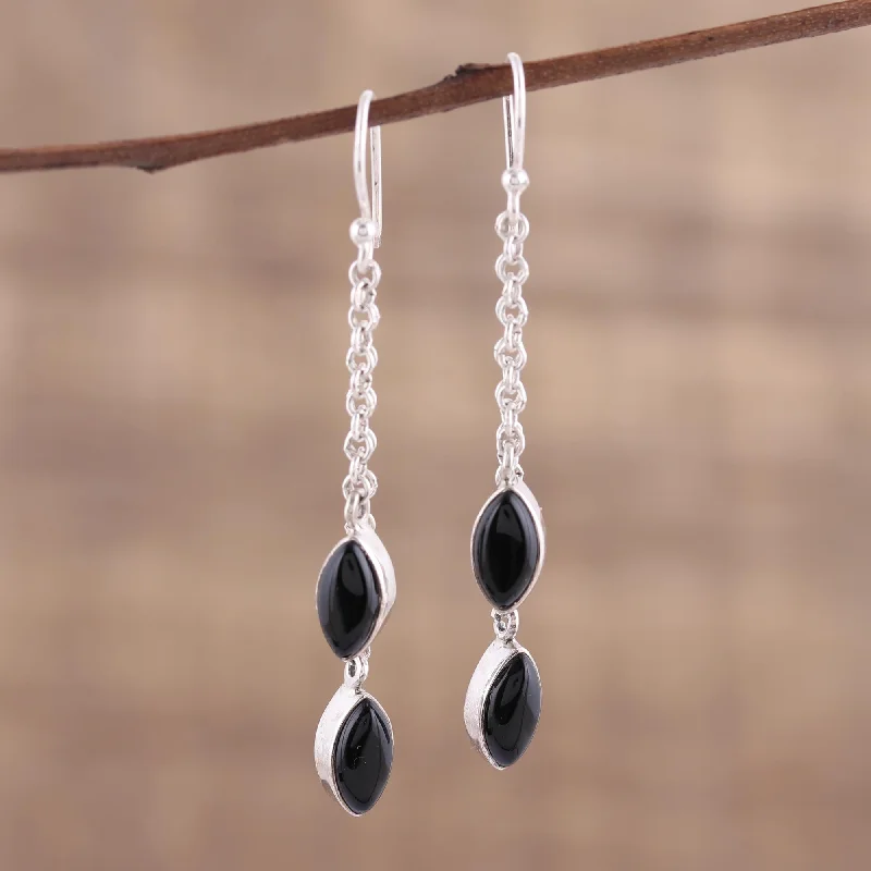 Best hoop earrings with gold-plated finishes for an affordable luxury vibe-Midnight Seeds Black Onyx and Sterling Silver Dangle Earrings from India