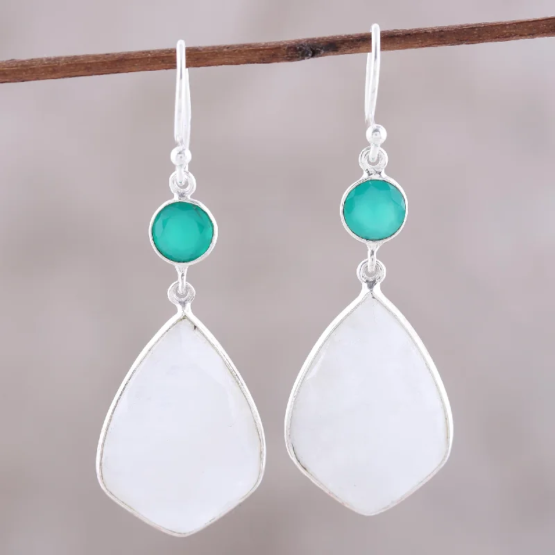 Hoop earrings with intricate designs for a unique and artistic appearance-Misty Glen Rainbow Moonstone and Green Onyx Dangle Earrings from India