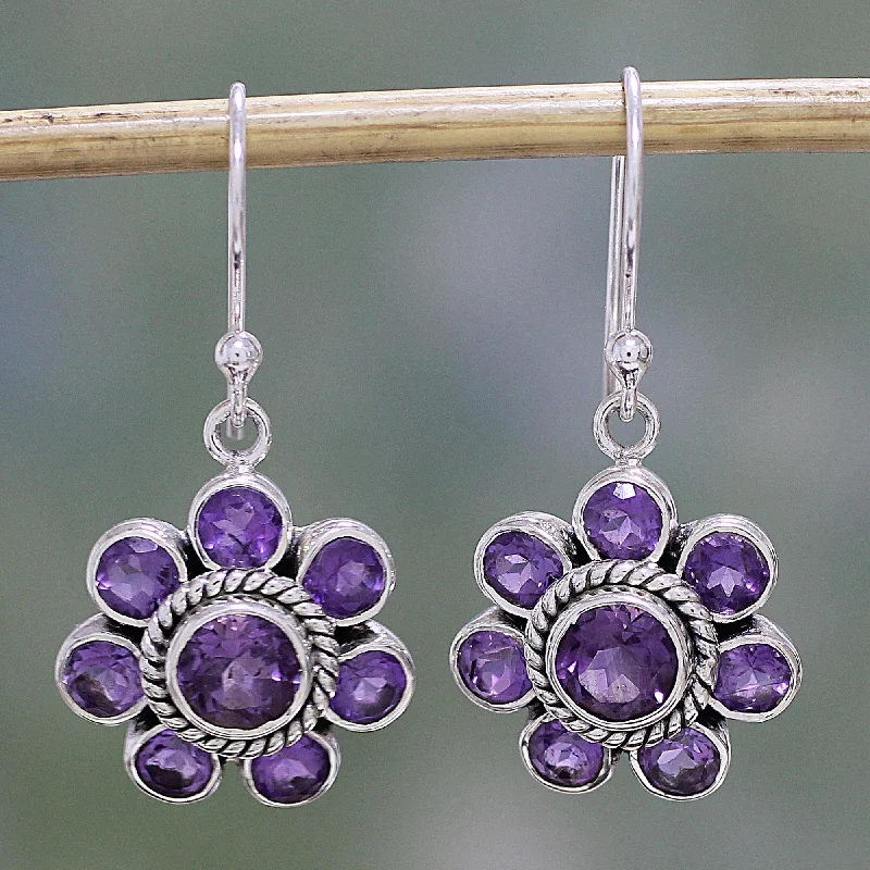 Hoop earrings with abstract wirework for an artistic, unique look-Morning Glitter in Purple Amethyst and Sterling Silver Dangle Earrings from India