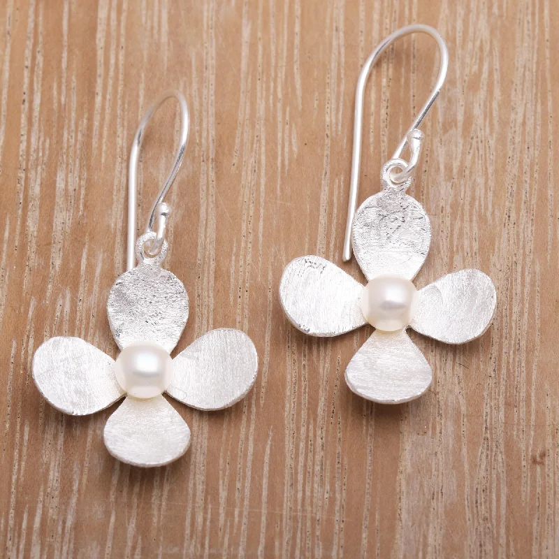 Best hoop earrings with Swarovski crystals for added sparkle and luxury-Mother's Day Blossom Floral Earrings of Brushed Silver and White Cultured Pearl