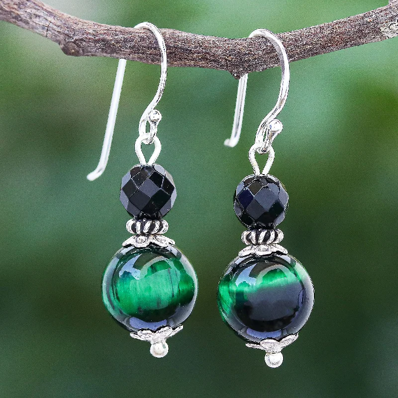 Medium hoop earrings for an everyday look with the perfect balance of style-Mystic Green Hand Crafted Tiger's Eye and Onyx Dangle Earrings