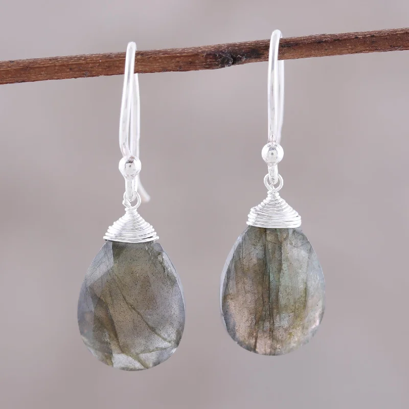 Best hoop earrings with geometric cuts for a sharp, modern appeal-Mystical Forest Faceted Labradorite Teardrop Sterling Silver Dangle Earrings