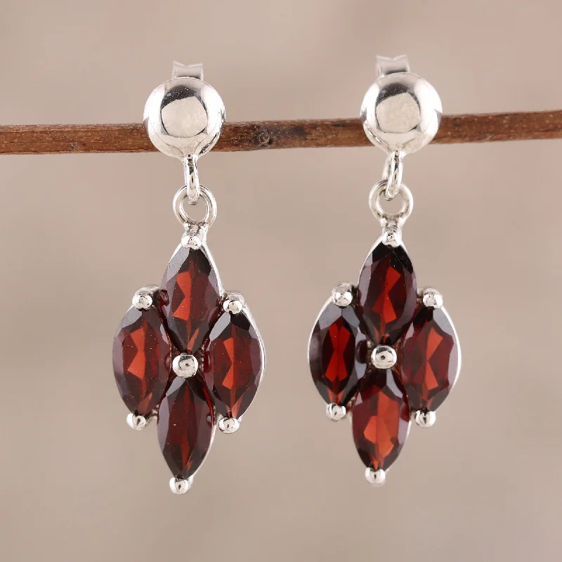 Best hoop earrings with floral designs for a feminine and delicate look-Natural Charm 3-Carat Rhodium Plated Garnet Dangle Earrings from India