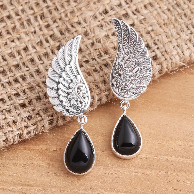 Hoop earrings with tortoiseshell designs for a chic and classic style-On the Wings of Midnight Onyx Sterling Silver Dangle Earrings Wings