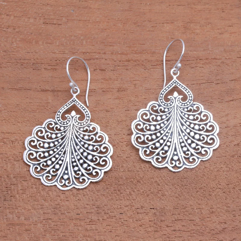 Hoop earrings with heart-shaped frames for a romantic and feminine look-Peacock's Tail Fan Pattern Sterling Silver Dangle Earrings from Bali