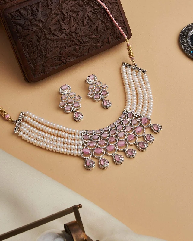 Hoop earrings with a chunky design for a bold and trendy statement-Pink Stone and Pearl Choker Set