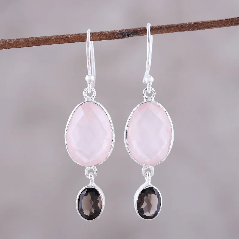 Hoop earrings with a matte finish for a sleek and sophisticated appearance-Pretty Pairing Rose Quartz and Smoky Quartz Dangle Earrings from India