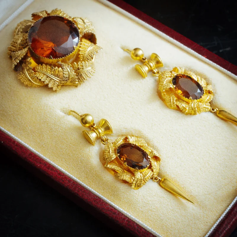 Best hoop earrings with geometric cuts for a sharp, modern appeal-Pristine Victorian Gold Work Citrine Earrings & Brooch