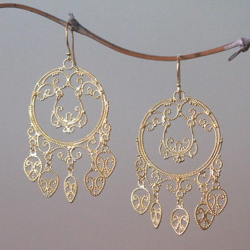 Hoop earrings with spiral designs for a dynamic and fluid look-Queen of the Morning Gold Plated Sterling Silver Chandelier Earrings from Bali