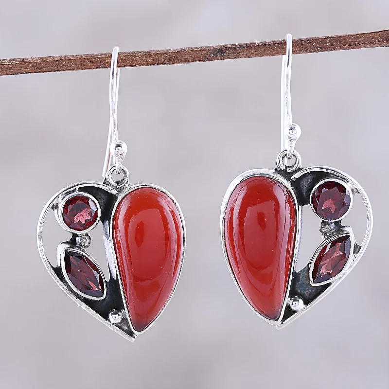 Hoop earrings with open designs for a modern, lighthearted vibe-Red Hearts Carnelian and Garnet Heart Earrings from India