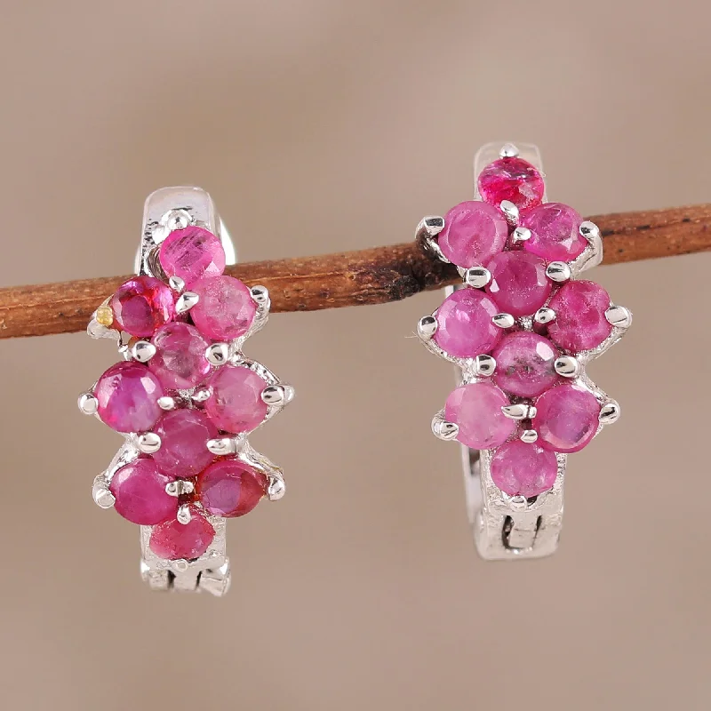 Hoop earrings with spiral designs for a dynamic and fluid look-Red Hyacinth Red Ruby and Sterling Silver Half Hoop Earrings from India