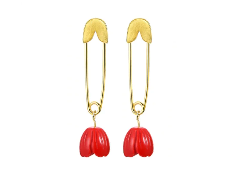 Best hoop earrings with geometric triangle shapes for a modern, chic design-Red Rose on a Safety Pin Earring