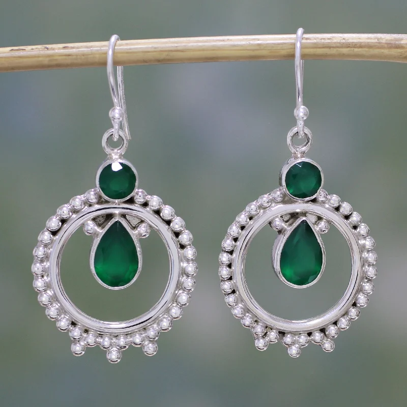 Best hoop earrings with braided leather for a rustic, stylish finish-Regal Circles Green Onyx and Sterling Silver Dangle Earrings from India