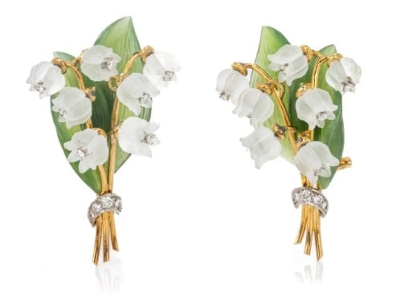 Best hoop earrings with infinity designs for a timeless and meaningful symbol-Rock Crystal, Diamond, Nephrite and 18K Lily of the Valley Earrings, Antique Inspired