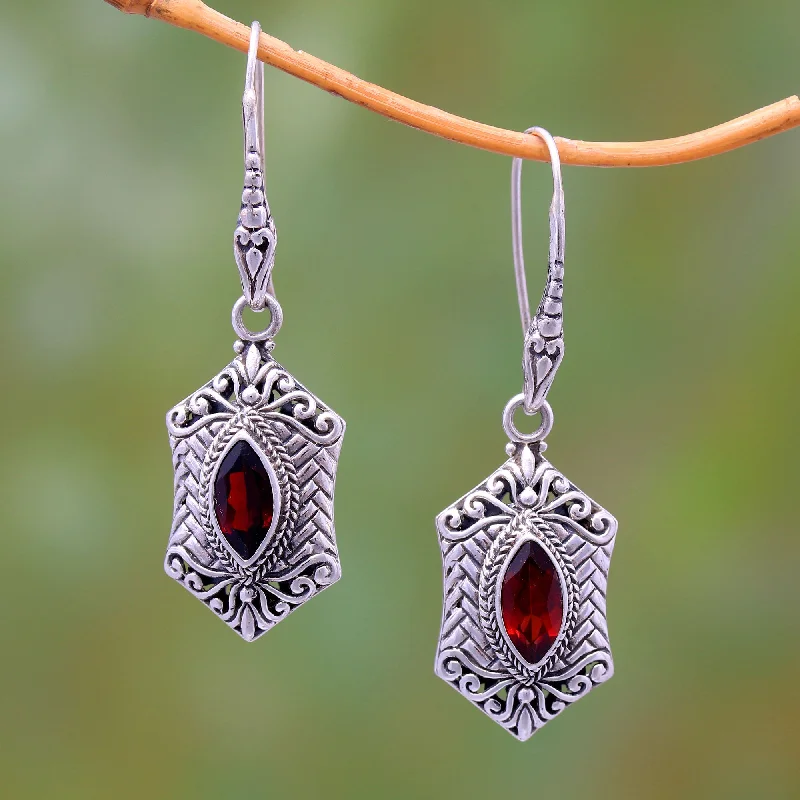 Best hoop earrings with floral designs for a feminine and delicate look-Sanur Elegance Weave Pattern Garnet Dangle Earrings from Bali