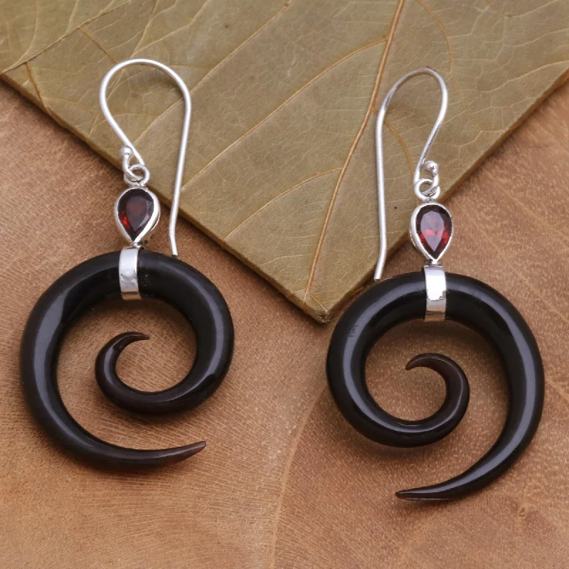 Small hoop earrings for a delicate and understated everyday wear-Shadow Swirls Swirl-Shaped Garnet and Dark Horn Dangle Earrings from Bali