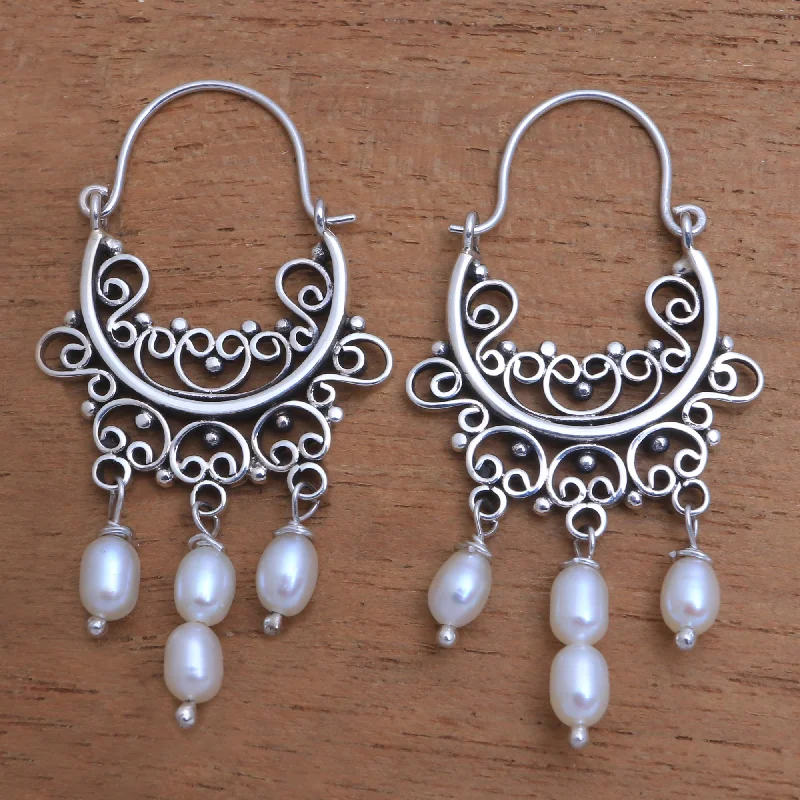 Best hoop earrings with custom engravings for a personalized and meaningful gift-Silver-White Dew Silver-White Cultured Pearl Chandelier Earrings from Bali