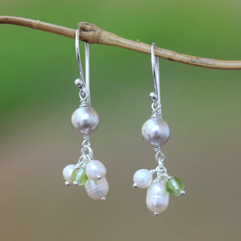 Best hoop earrings with crescent-shaped designs for a bold, moon-inspired style-Snow Drops Cultured Pearl and Peridot Cluster Dangle Earrings from Bali