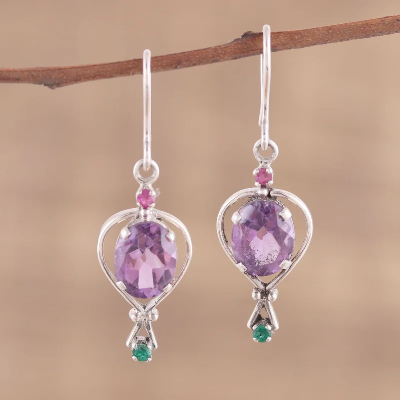 Hoop earrings with polished silver finish for a shiny, modern appeal-Sparkling Allure Amethyst Emerald and Ruby Dangle Earrings from India