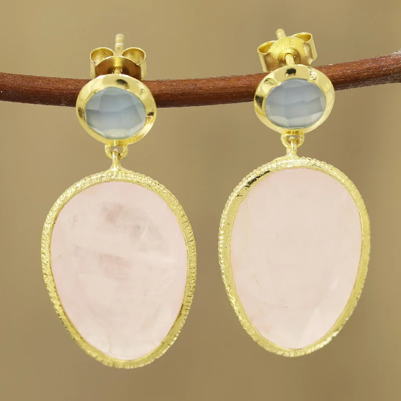 Hoop earrings with gold accents for a warm, elegant statement piece-Sparkling Muse Gold Plated Rose Quartz and Chalcedony Dangle Earrings