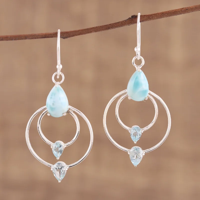 Best hoop earrings with matching bracelets for a coordinated jewelry set-Sparkling Sky Blue Topaz and Larimar Dangle Earrings from India