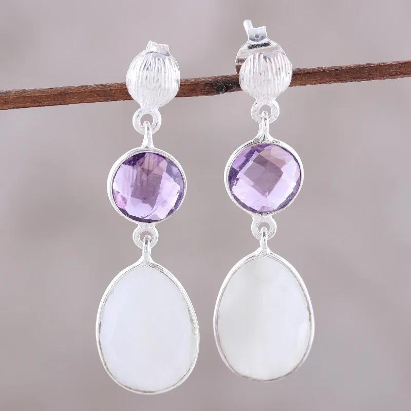 Best hoop earrings with snake-inspired designs for an edgy and fierce vibe-Sundown Mist Rainbow Moonstone Amethyst Sterling Silver Dangle Earrings