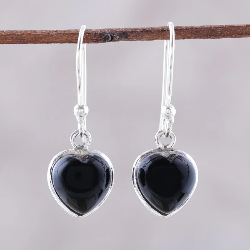 Small hoop earrings for a delicate and understated everyday wear-Sweet Adoration Heart Shaped Onyx Dangle Earrings from India