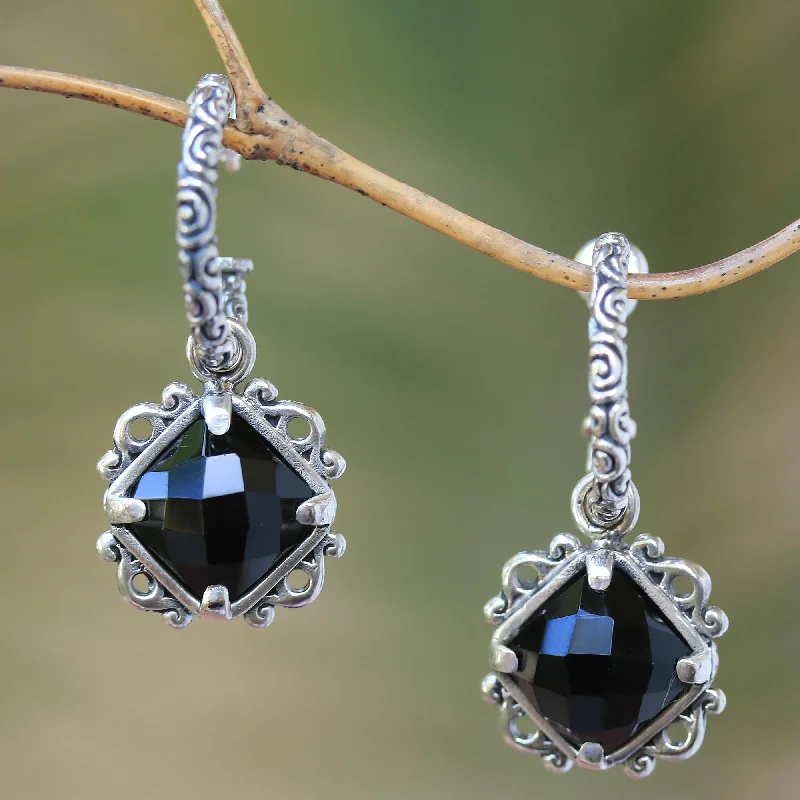 Best hoop earrings with cubic zirconia for a budget-friendly, dazzling look-Sweet Enchantment Elegant Black Onyx and Silver Dangle Earrings from Bali