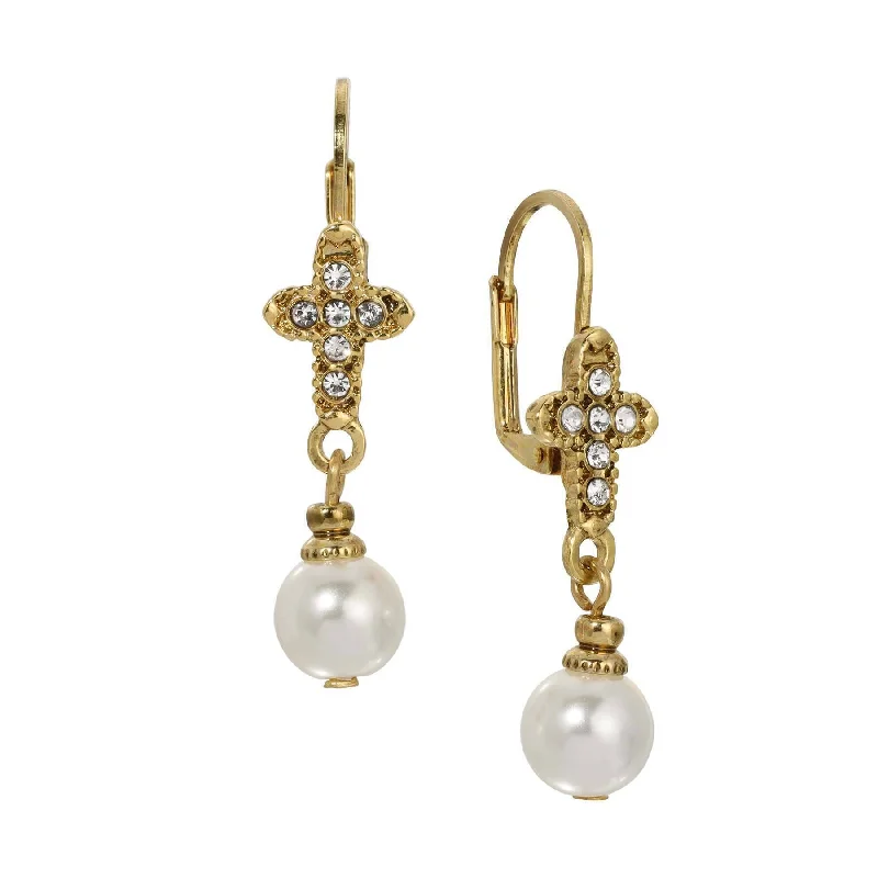 Small hoop earrings for a delicate and understated everyday wear-Symbols Of Faith Crystal Cross Faux Pearl Elegance Dangling Earrings