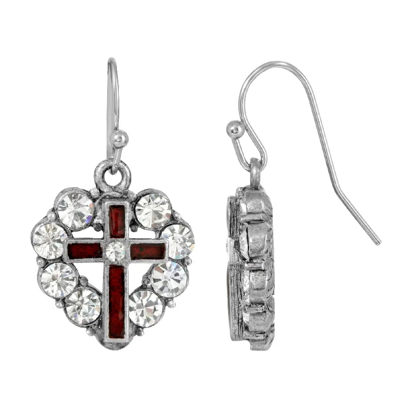 Best hoop earrings with braided leather for a rustic, stylish finish-Symbols of Faith Pewter Heart Shaped Crystal Stones & Enamel Cross Earrings