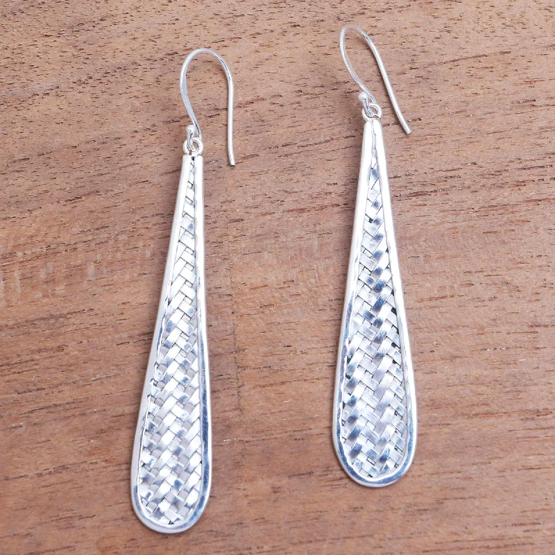 Best hoop earrings with satin ribbons for a soft, feminine appearance-Teardrop Weave Weave Motif Sterling Silver Dangle Earrings from Bali