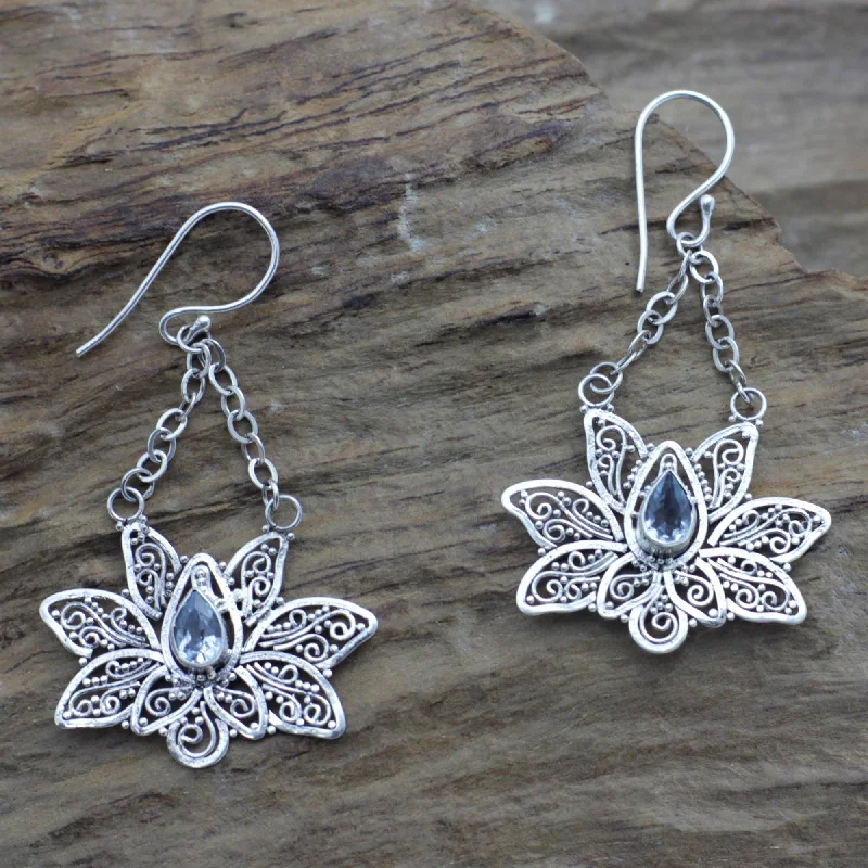 Hoop earrings with a matte finish for a sleek and sophisticated appearance-Treasured Lotus Blue topaz flower earrings