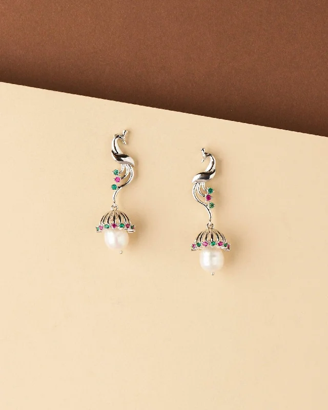 Best hoop earrings with geometric triangle shapes for a modern, chic design-Peacock Graceful Pearl hanging Earring